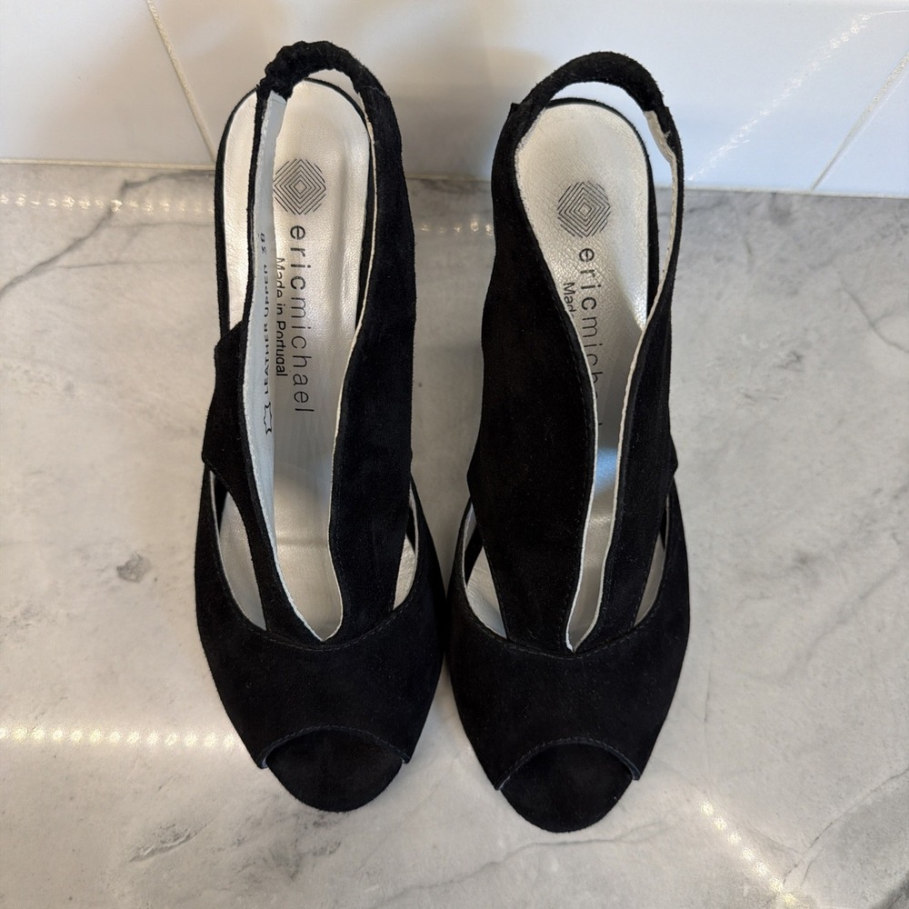 Eric Michael Women's EU 38 Peru Black Suede Leather Slingback Peep Toe Heels - Picture 4 of 15